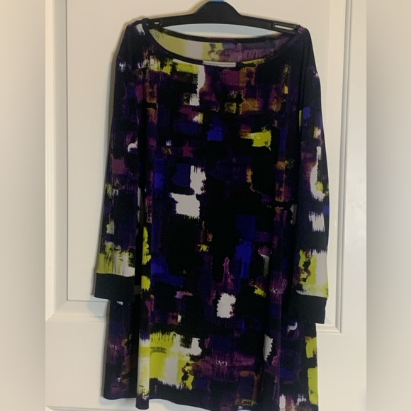 Large Tunic Top/Dress, Long Sleeve, Abstract multicolored black, scoop neck, EUC - Picture 1 of 3
